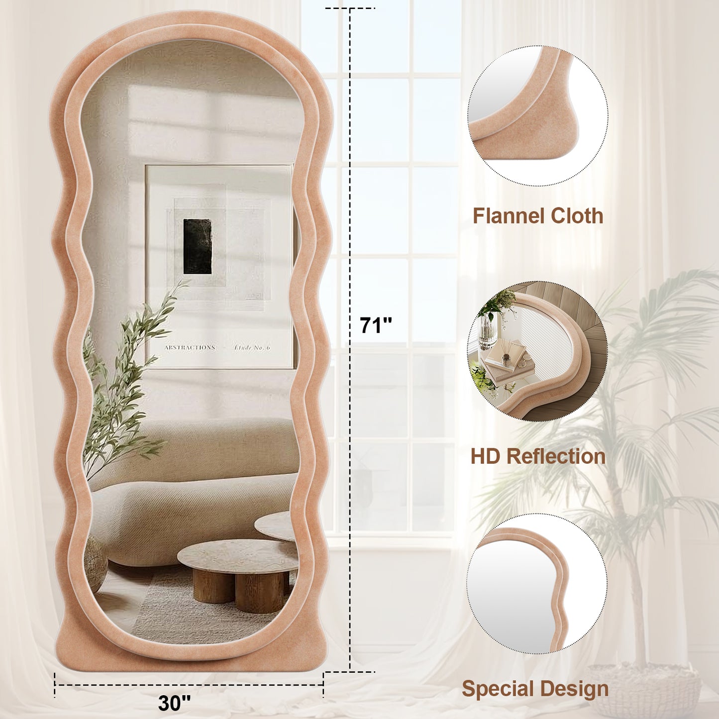 Anyrose 71"x30" Irregular Wavy Mirror Full Length Mirror With Flannel Frame, Light Brown