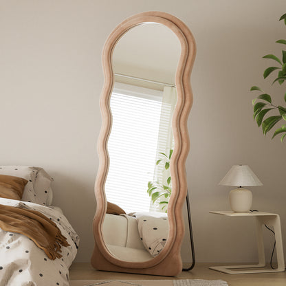 Anyrose 71"x30" Irregular Wavy Mirror Full Length Mirror With Flannel Frame, Light Brown