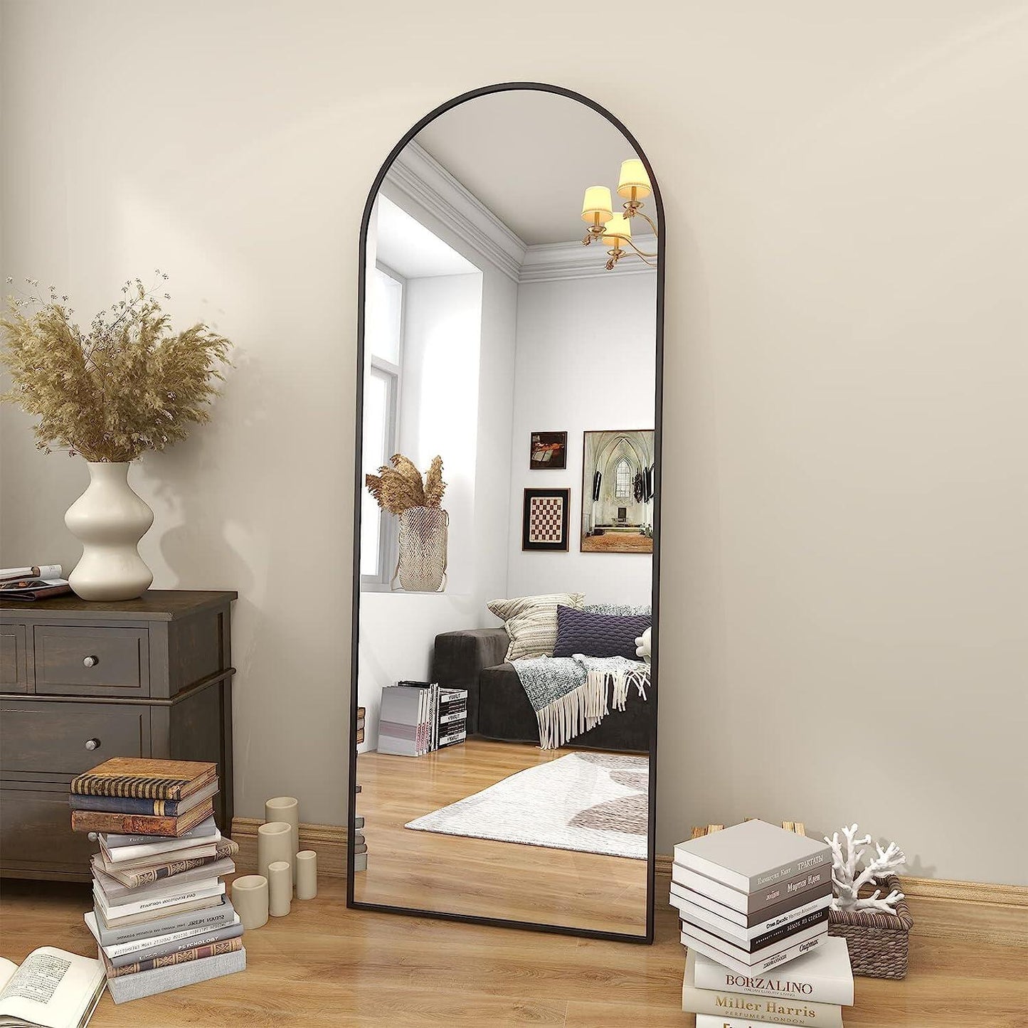 Arch Floor Mirror, Full Length Mirror Wall Mirror Hanging or Leaning Arched-Top Full Body Mirror with Stand for Bedroom, Dressing Room, Black