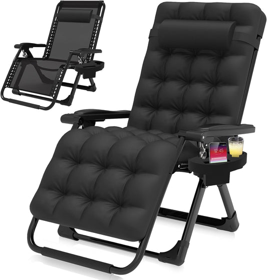 Zero Gravity Chair, Reclining Camping Lounge Chair w/Removable Cushion, Upgraded Lock and Cup Holder, Reclining Patio Chairs Folding Recliner for Indoor and Outdoor