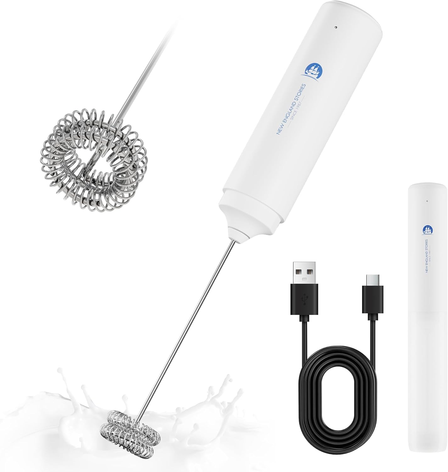 New England Stories Rechargeable Handheld Frother, Dual-Whisk Electric Drink Mixer for Coffee, Matcha & Foam, Portable & Powerful