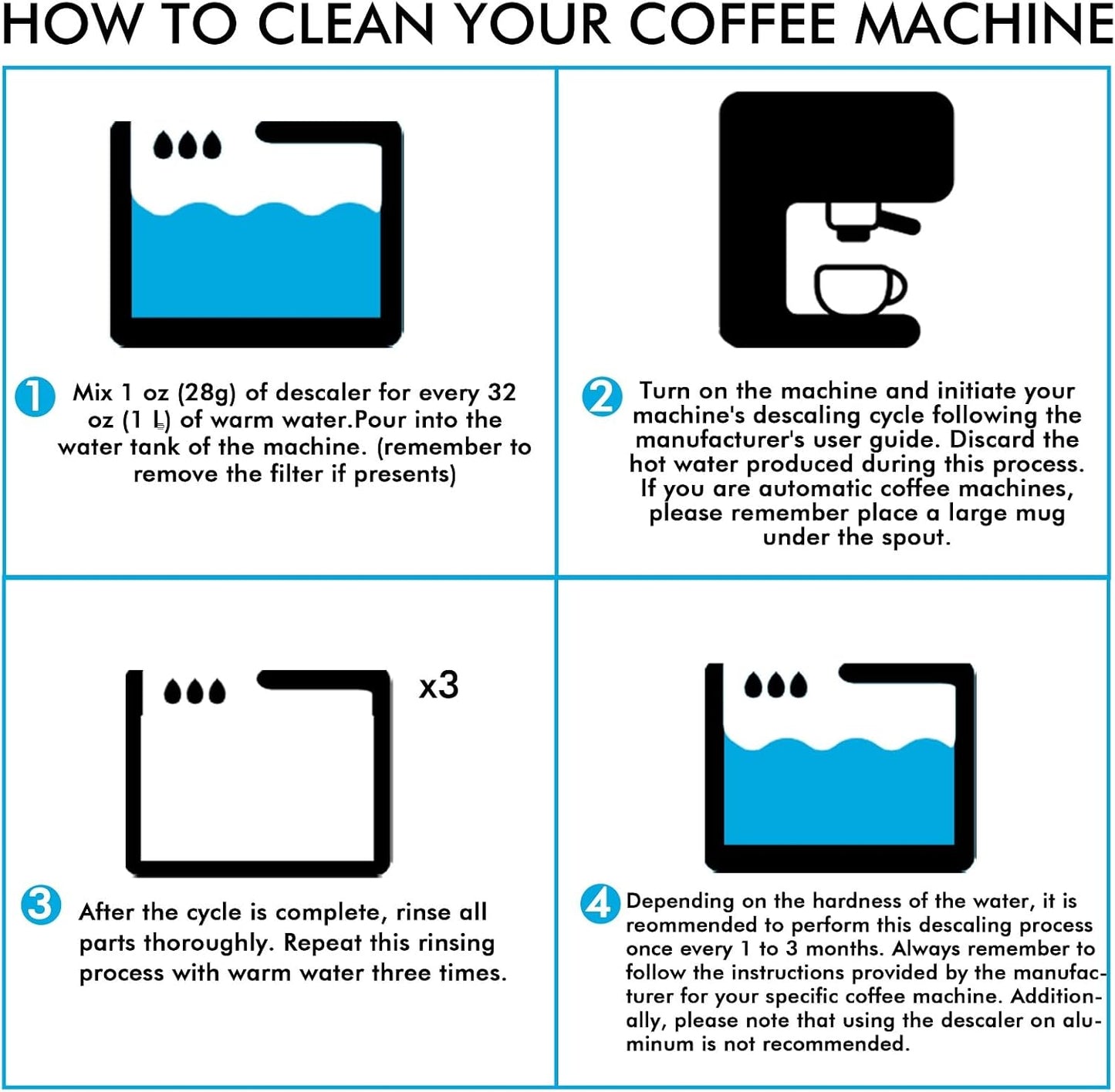 Descaling Powder (4 Uses) – Removes Scale for Coffee & Espresso Machines, Compatible with Keurig, Breville, Nespresso, Delonghi, Ninja