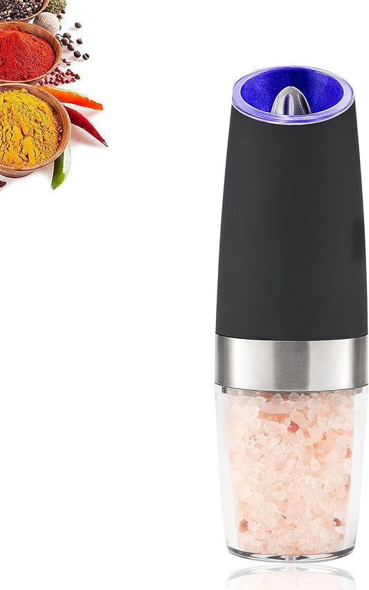 Gravity Electric Salt and Pepper Grinder Mill with Blue LED Light. One Handed Operation, Battery Powered Automatic Pepper Mill with Spoon, Cleaning and Dust Brush, Adjustable Coarseness