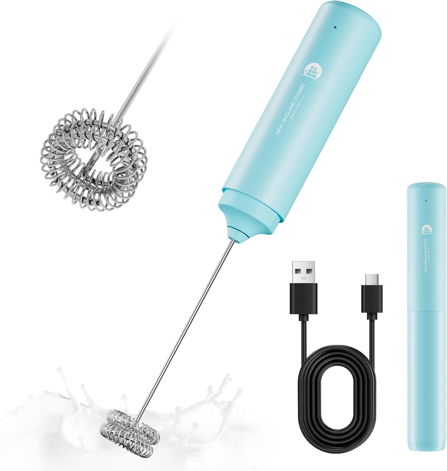 New England Stories Rechargeable Handheld Frother, Dual-Whisk Electric Drink Mixer for Coffee, Matcha & Foam, Portable & Powerful