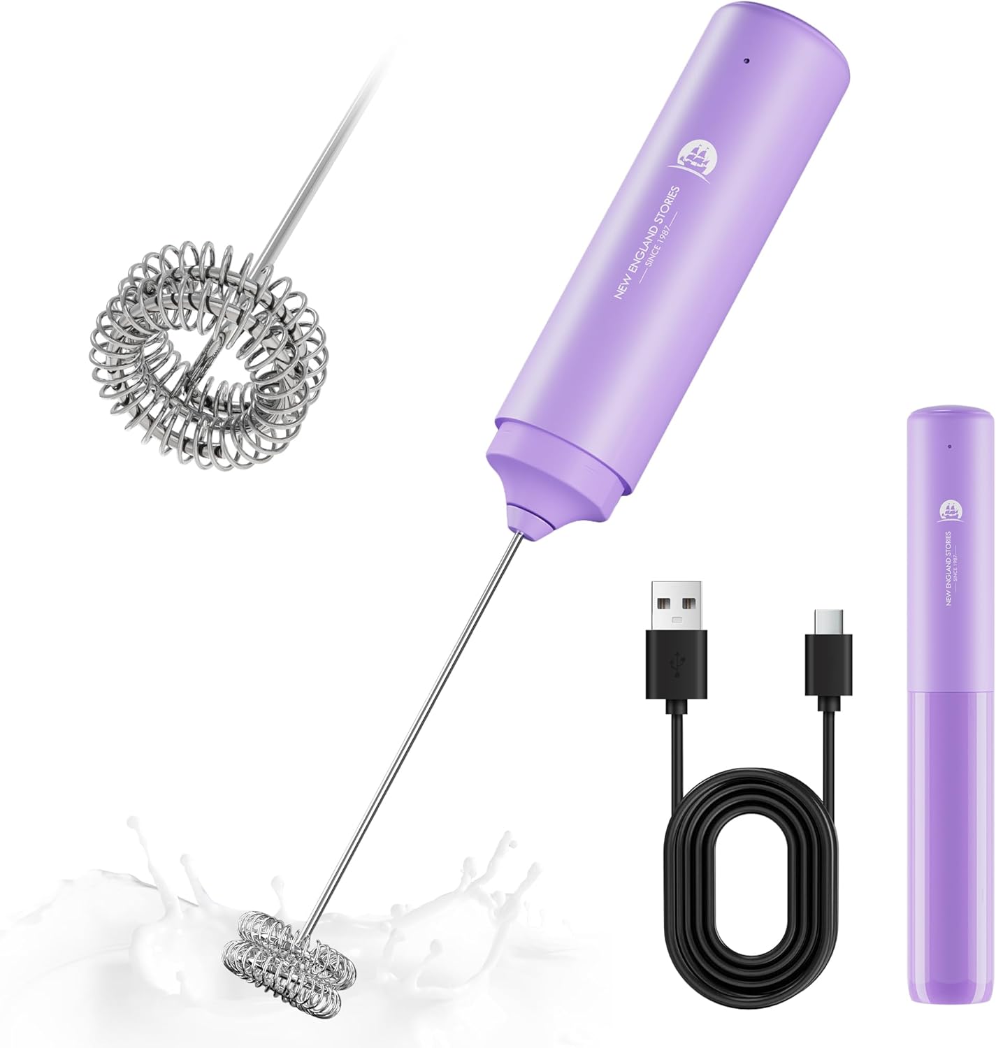 New England Stories Rechargeable Handheld Frother, Dual-Whisk Electric Drink Mixer for Coffee, Matcha & Foam, Portable & Powerful