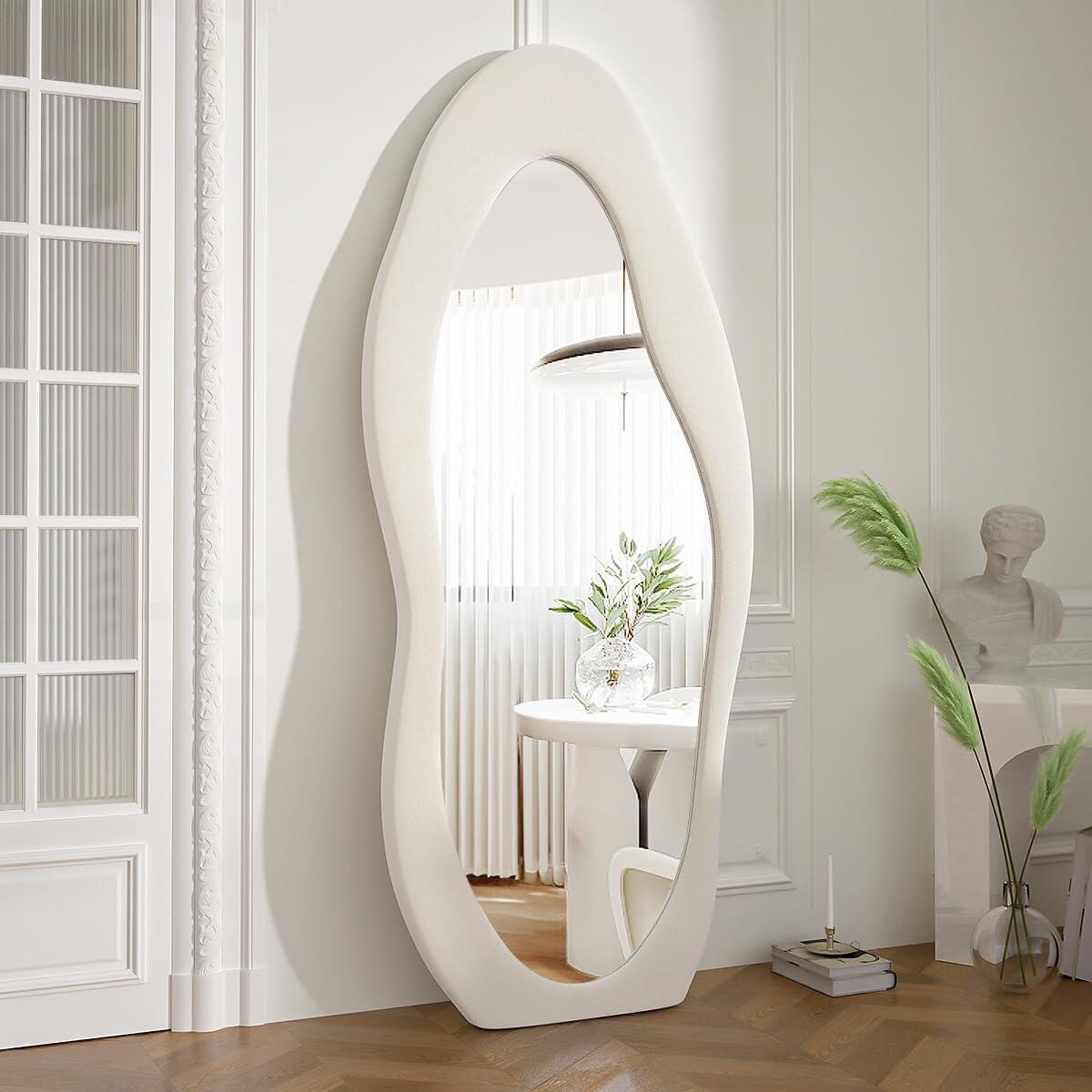 Oversized Flannel Cloud Floor Mirror with Stand, Full Body Freely Standing Mirror for Bedroom, Living Room, Hanging or Against The Wall, White