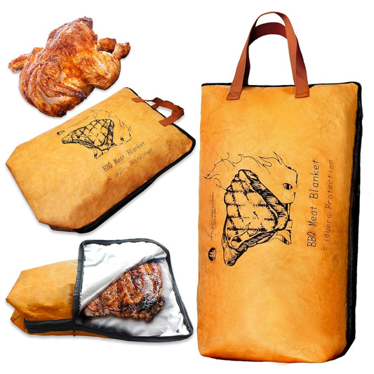 BBQ Blanket for Resting Meat, 5-Layer Insulated Meat Resting Bag for Moisture Retention and Perfect BBQ, Wide Mouth with Handle Design for Briskets, Pork Shoulders, Steaks (Heavy Dute, Brown, 21 Inch)
