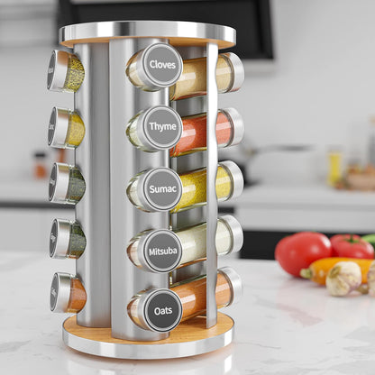 20-Jar Rotating Spice Rack – Space-Saving Kitchen Organizer with 386 Labels