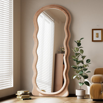 Anyrose 71"x30" Irregular Wavy Mirror Full Length Mirror With Flannel Frame, Light Brown