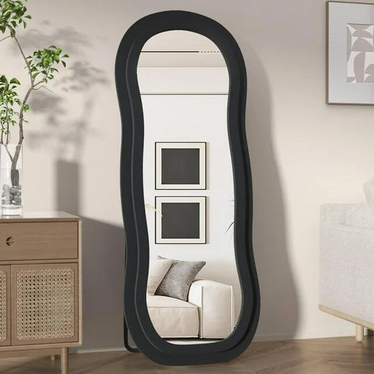 Wavy-B Irregular Mirror Full Length, Full Body Freely Standing Mirror for Bedroom, Living Room, Hanging or Against The Wall, Black