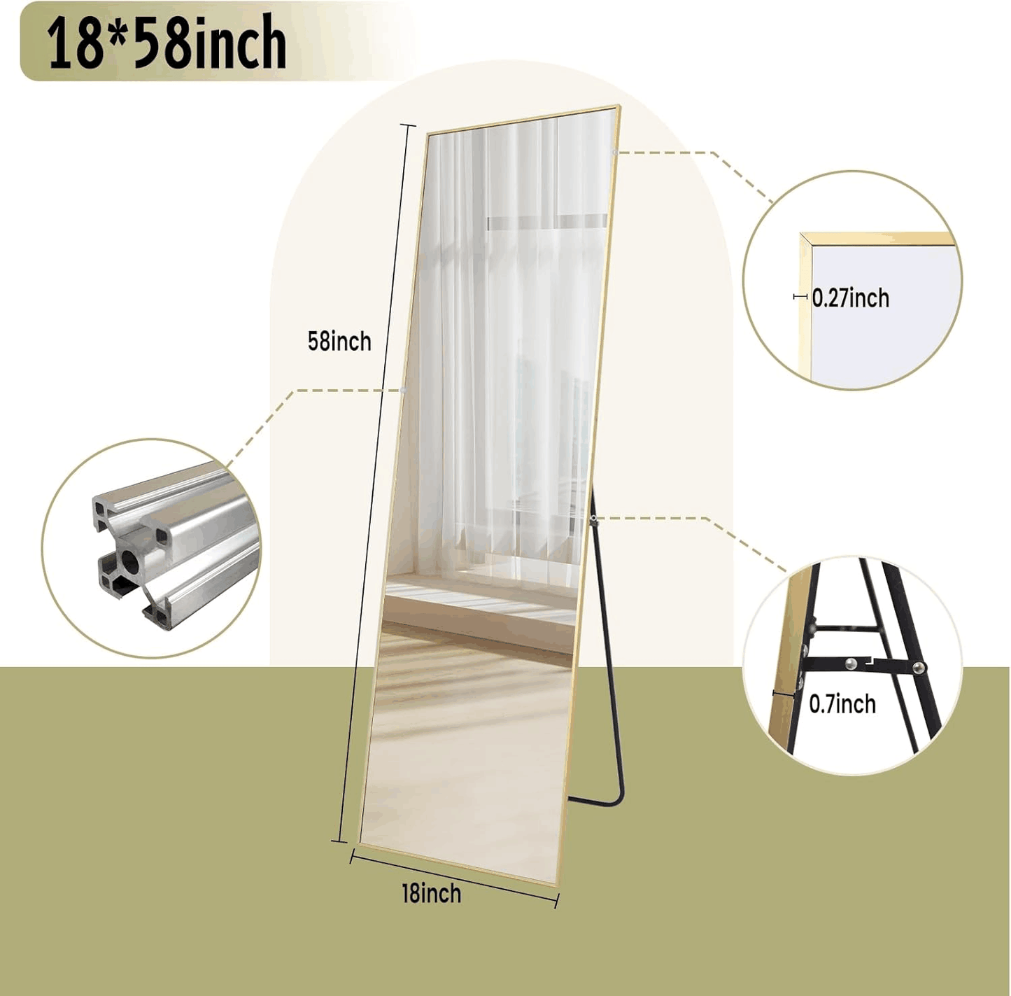 Gold Full Length Mirror with Aluminum Alloy Thin Frame