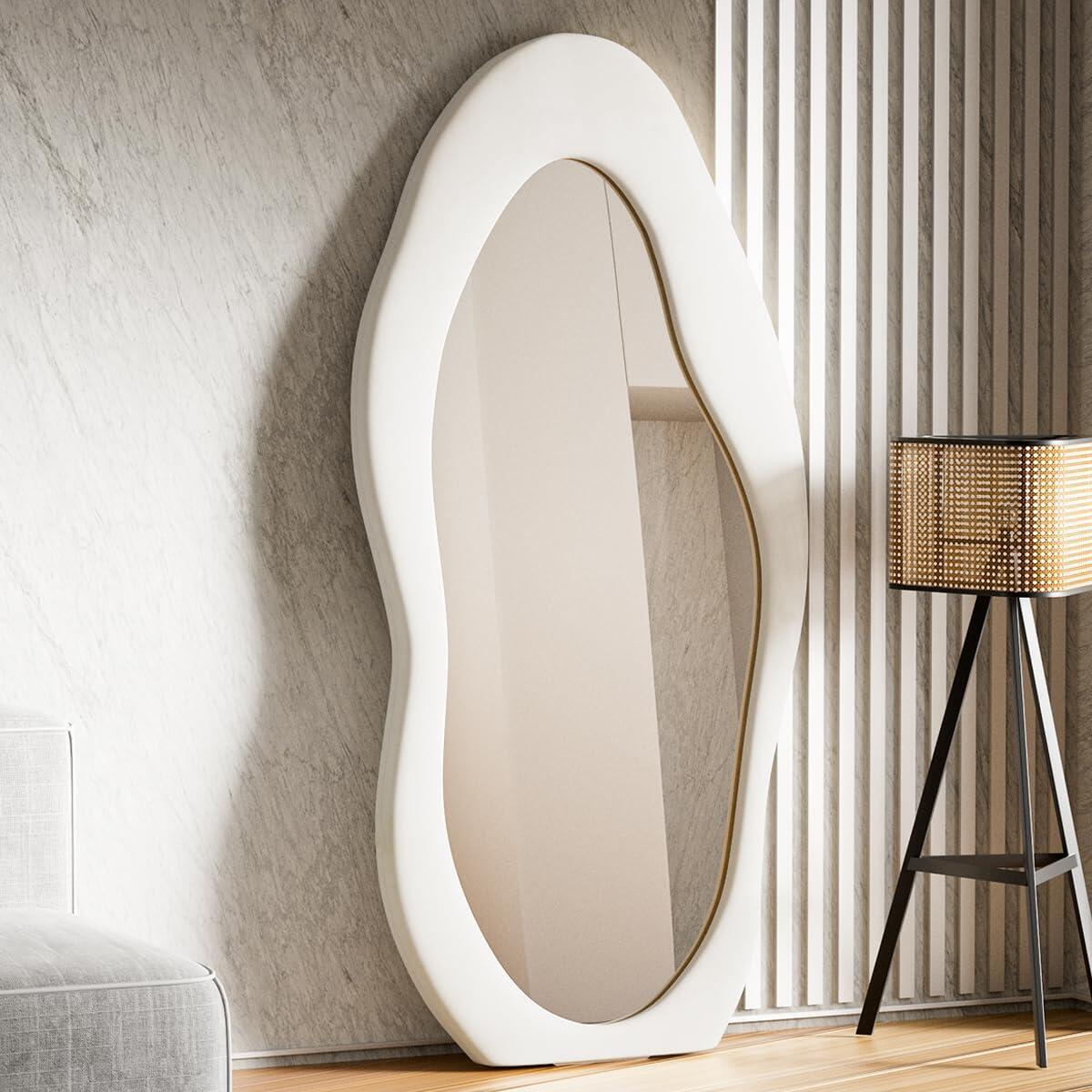 Oversized Flannel Cloud Floor Mirror with Stand, Full Body Freely Standing Mirror for Bedroom, Living Room, Hanging or Against The Wall, White