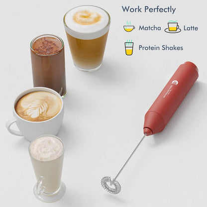 Mini Whisk Drink Mixer for Coffee, Cappuccino, Latte, Matcha, Hot Chocolate, With Stand, Red
