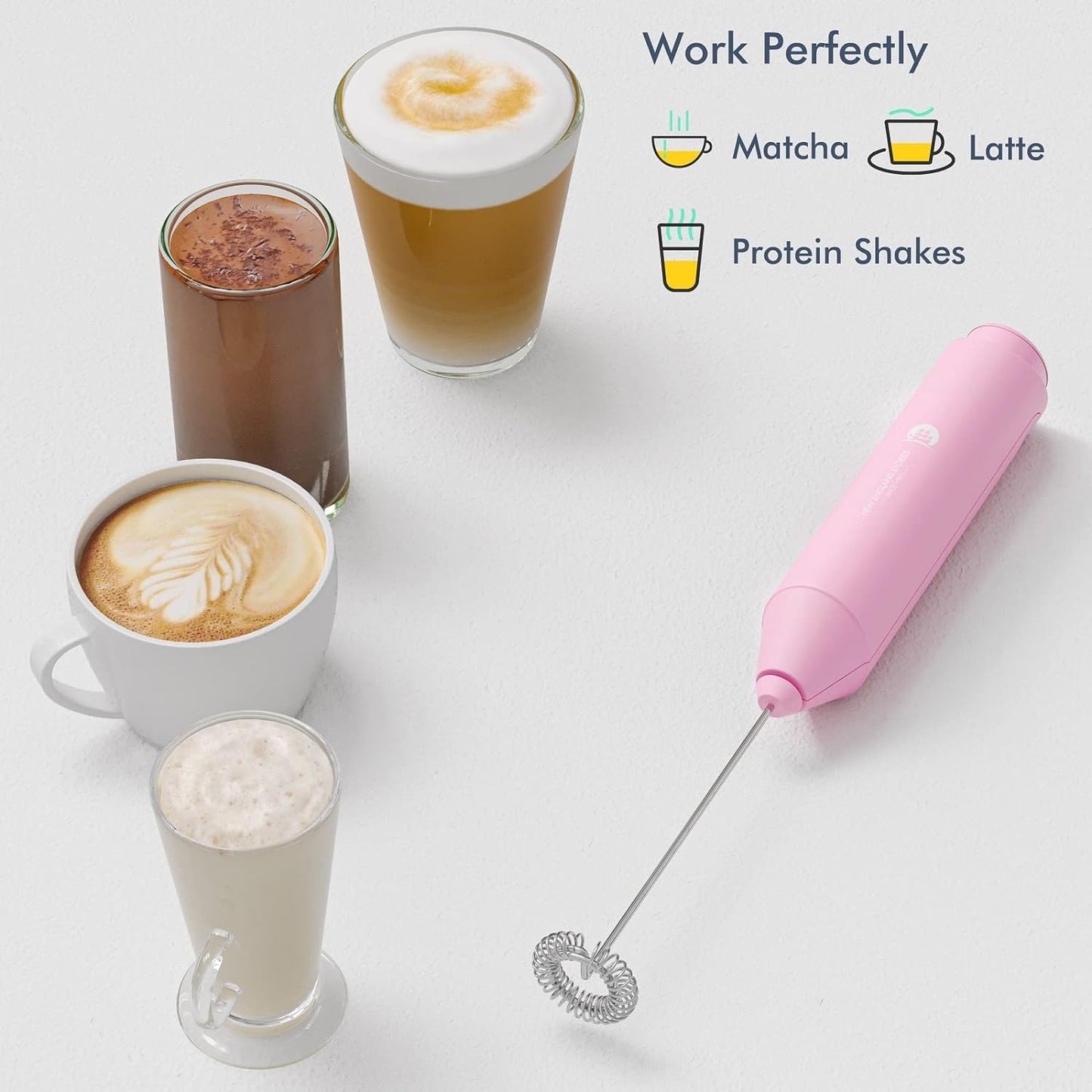 Powerful Milk Frother Handheld Foam Maker, Mini Whisk Drink Mixer for Coffee, Cappuccino, Latte, Matcha, Hot Chocolate, No Stand, Pink