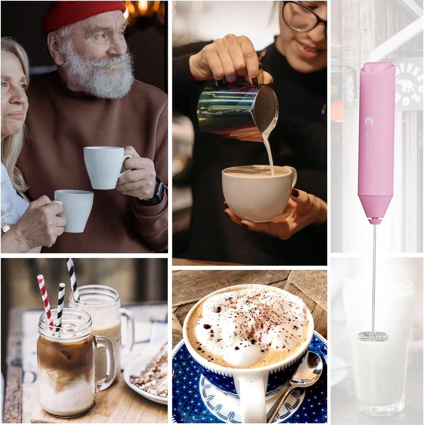 Powerful Milk Frother Handheld Foam Maker, Mini Whisk Drink Mixer for Coffee, Cappuccino, Latte, Matcha, Hot Chocolate, No Stand, Pink