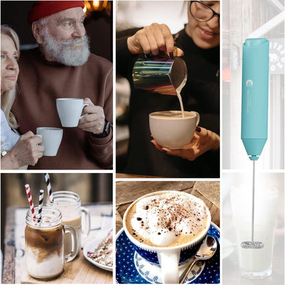 Powerful Milk Frother Handheld Foam Maker, Mini Whisk Drink Mixer for Coffee, Cappuccino, Latte, Matcha, Hot Chocolate, With Stand, Aqua