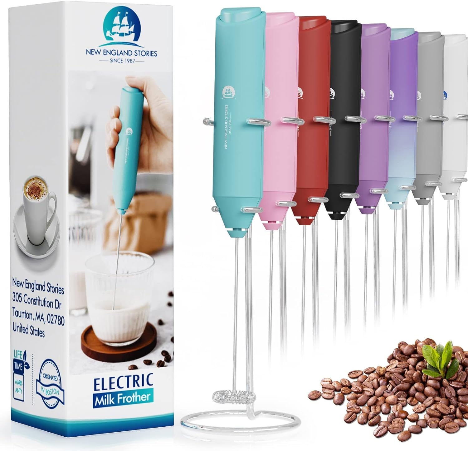 Powerful Milk Frother Handheld Foam Maker, Mini Whisk Drink Mixer for Coffee, Cappuccino, Latte, Matcha, Hot Chocolate, With Stand, Aqua