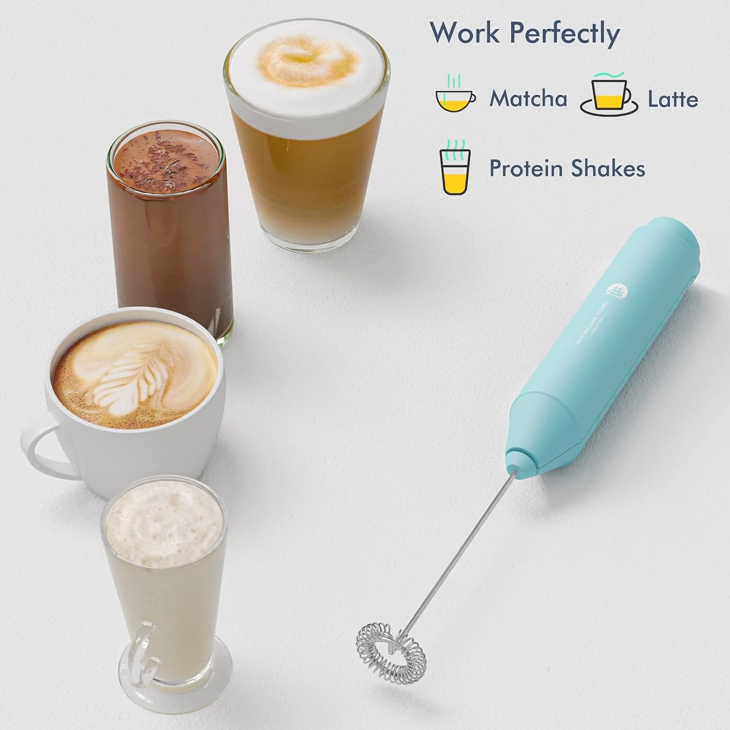 Powerful Milk Frother Handheld Foam Maker, Mini Whisk Drink Mixer for Coffee, Cappuccino, Latte, Matcha, Hot Chocolate, With Stand, Aqua