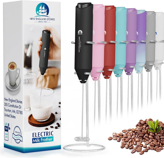 Powerful Milk Frother Handheld Foam Maker, Mini Whisk Drink Mixer for Coffee, Cappuccino, Latte, Matcha, Hot Chocolate, With Stand, Black