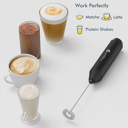 Powerful Milk Frother Handheld Foam Maker, Mini Whisk Drink Mixer for Coffee, Cappuccino, Latte, Matcha, Hot Chocolate, With Stand, Black