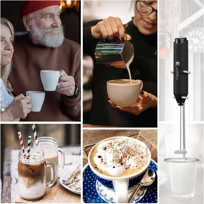 Powerful Milk Frother Handheld Foam Maker, Mini Whisk Drink Mixer for Coffee, Cappuccino, Latte, Matcha, Hot Chocolate, With Stand, Black