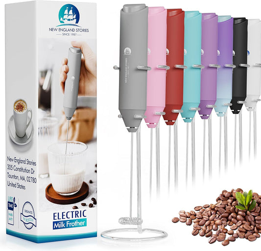 Powerful Milk Frother Handheld Foam Maker, Mini Whisk Drink Mixer for Coffee, Cappuccino, Latte, Matcha, Hot Chocolate, With Stand, Grey