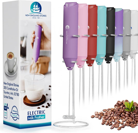 Powerful Milk Frother Handheld Foam Maker, Mini Whisk Drink Mixer for Coffee, Cappuccino, Latte, Matcha, Hot Chocolate, With Stand, Light Purple