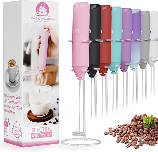 Powerful Milk Frother Handheld Foam Maker, Mini Whisk Drink Mixer for Coffee, Cappuccino, Latte, Matcha, Hot Chocolate, With Stand, Pink