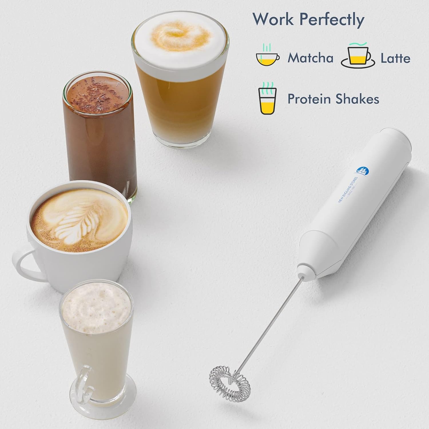 Powerful Milk Frother Handheld Foam Maker, Mini Whisk Drink Mixer for Coffee, Cappuccino, Latte, Matcha, Hot Chocolate, With Stand, White
