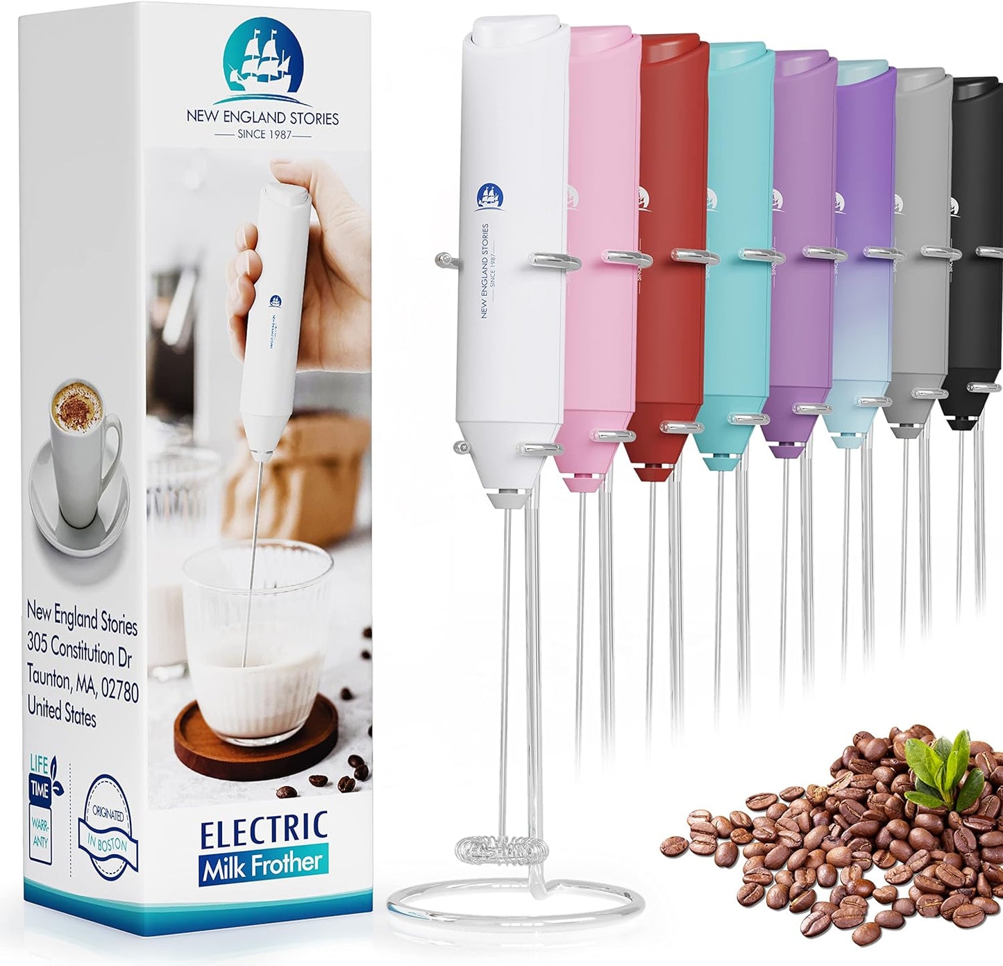 Powerful Milk Frother Handheld Foam Maker, Mini Whisk Drink Mixer for Coffee, Cappuccino, Latte, Matcha, Hot Chocolate, With Stand, White