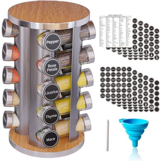 Revolving Spice Rack Set with 20 Spice Jars, Kitchen Spice Tower Organizer for Countertop or Cabinet -- Carousel Storage Includes 386 Spice Labels -- Desktop Rotating Seasoning Organizer