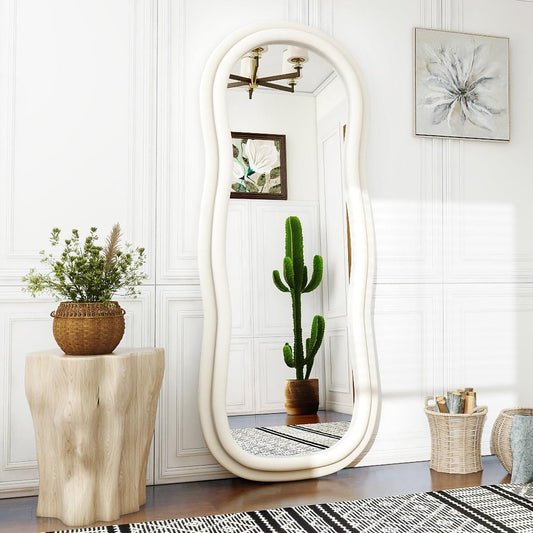 Wavy-B Irregular Mirror Full Length, Full Body Freely Standing Mirror for Bedroom, Living Room, Hanging or Against The Wall, White