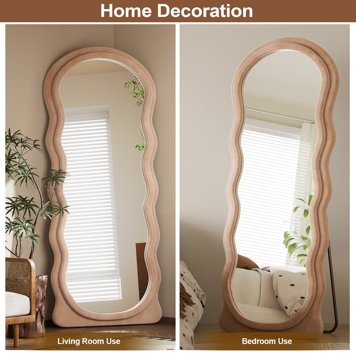 Anyrose 71"x30" Irregular Wavy Mirror Full Length Mirror With Flannel Frame, Light Brown