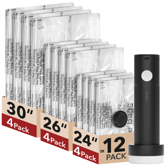 Travel Vacuum Bags for Luggage with Portable Electric Pump, 12 Combo (4L/4M/4S) Packing Seal Bags for Clothing Suitcase Backpack, Space Saver Compression Clothes Storage Bags
